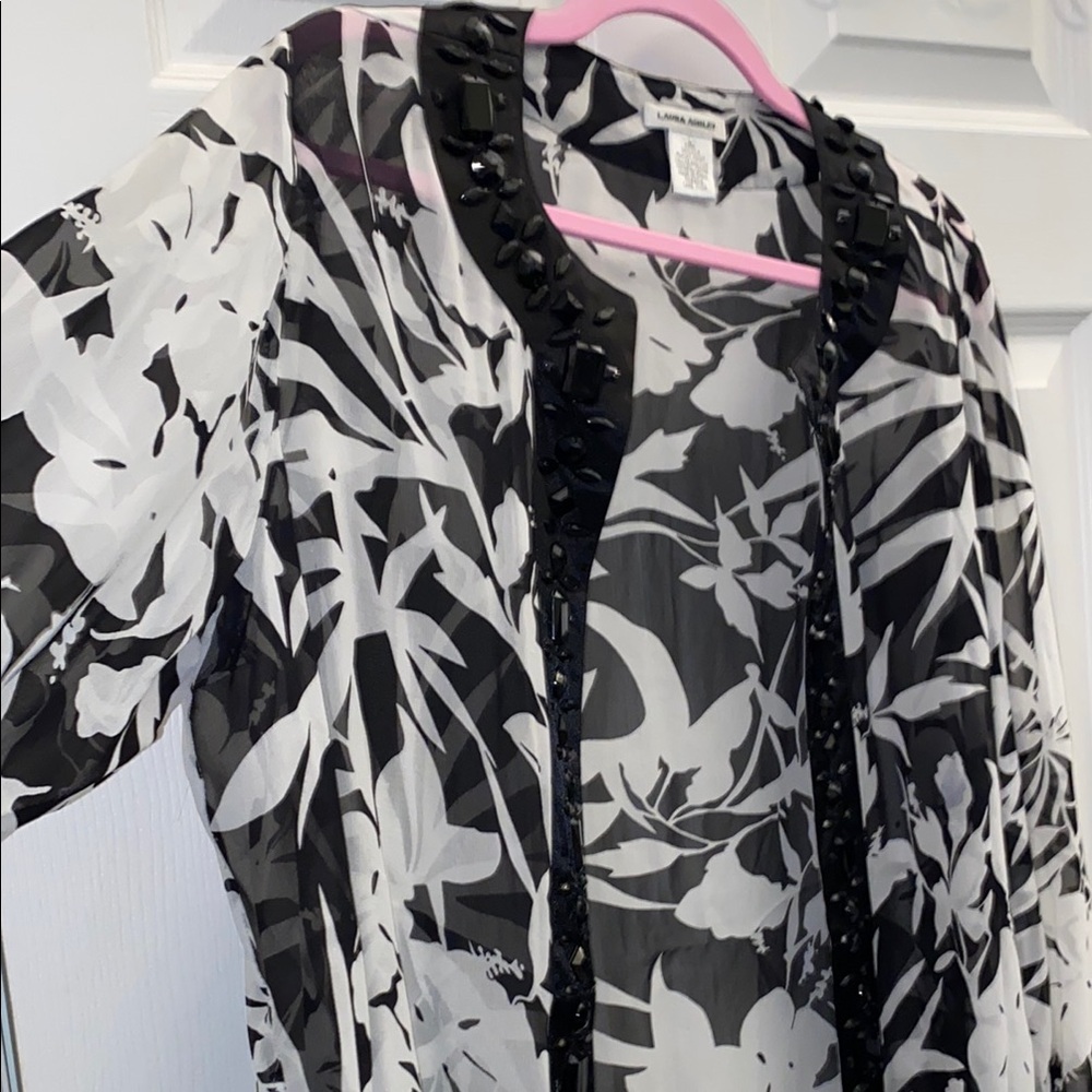 Laura Ashley 100% Silk Plaket Black and White Sheer Cover Wrap Jacket L